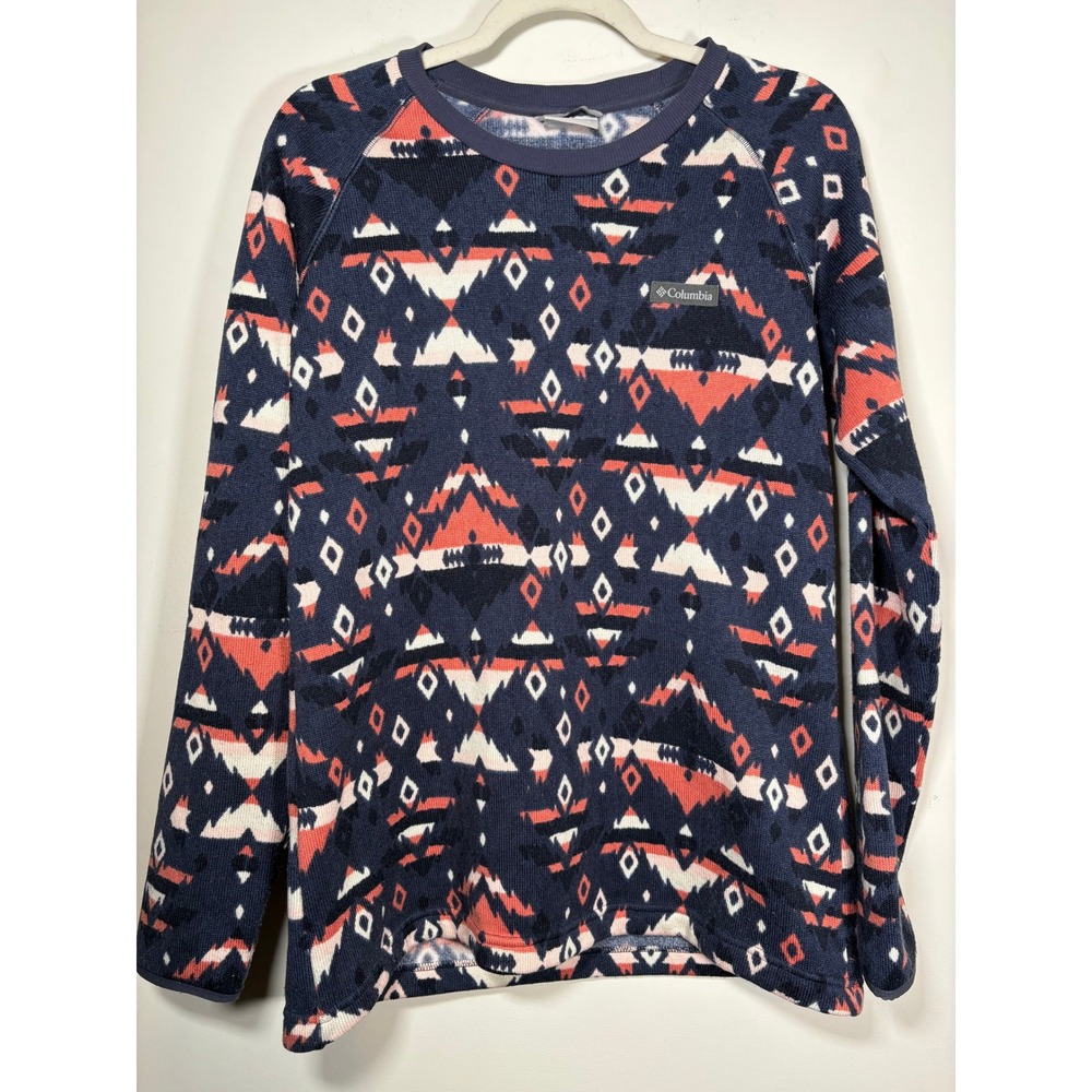 Columbia Fleece Crewneck Shirt Navy Coral Geometric Southwestern Layering Large